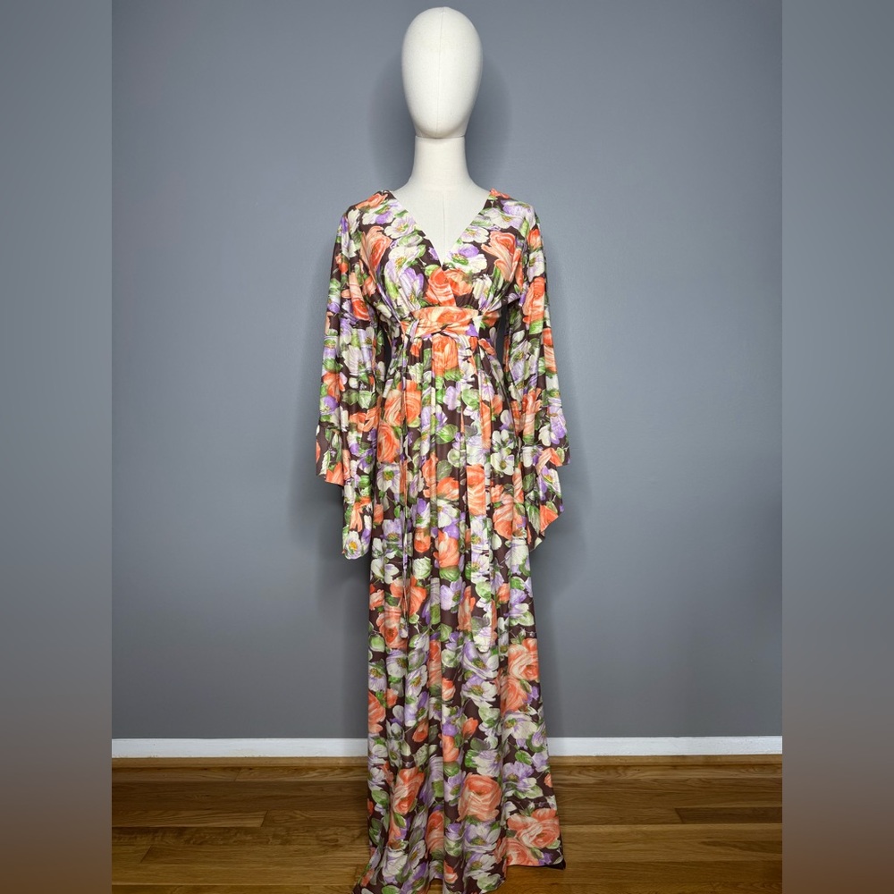 Vintage 1960s Bell Sleeve Floral Festival Maxi Dress